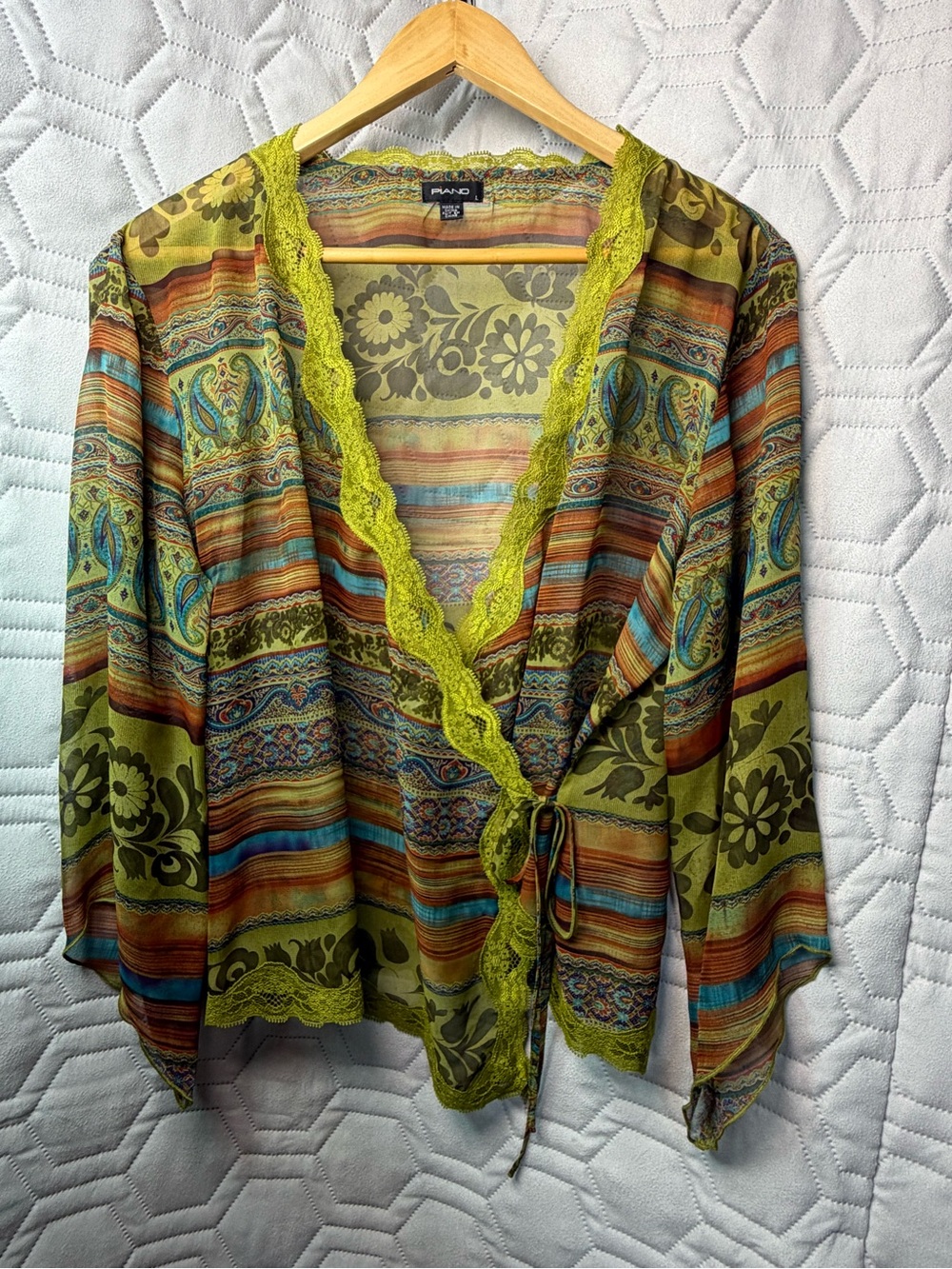 Piazza Sempione Green Multicolor Striped Floral Trim Top Women’s Wedding Guest L